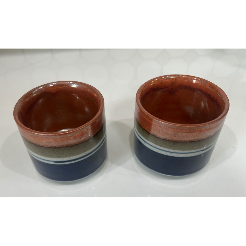 Otagiri Japan Handcrafted Stoneware Tea Cups Set of 2 Blue Rust Striped Vintage